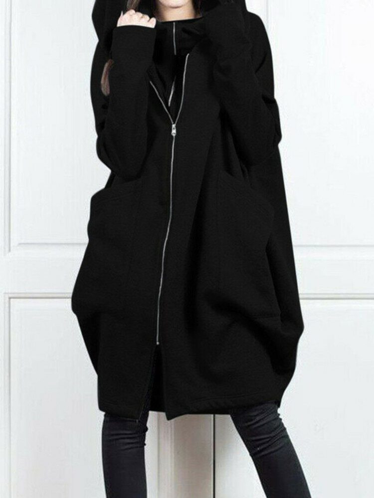 Dame Solid Zip Front Fakes 2 Stk Lomme Hette Casual Coat