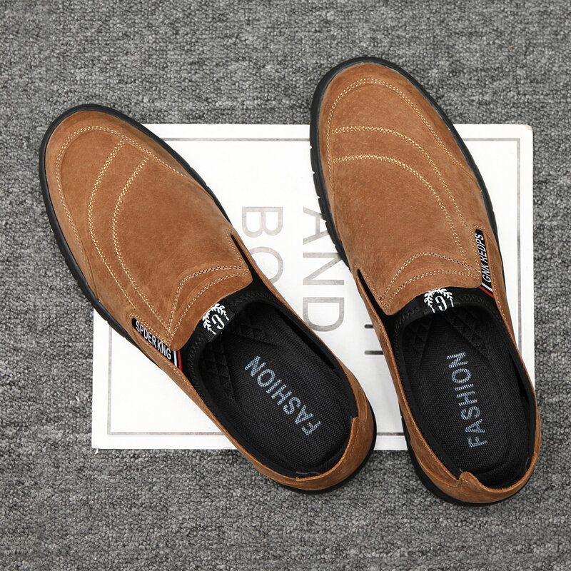 Menn Comfy Pigskin Skinnsøm Sklisikker Rund Tå Lazy Slip-on Loafers Sko