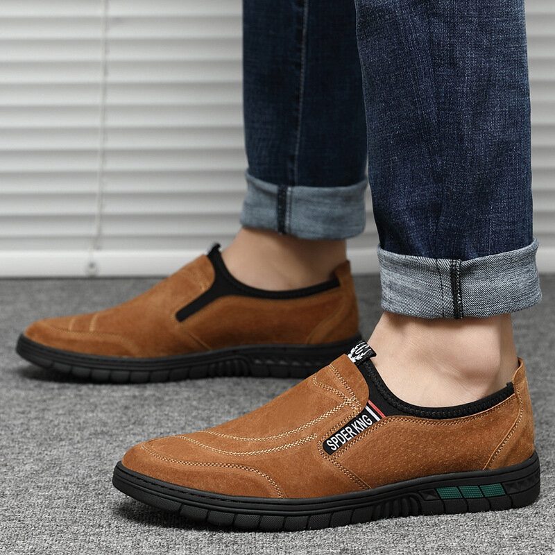 Menn Comfy Pigskin Skinnsøm Sklisikker Rund Tå Lazy Slip-on Loafers Sko