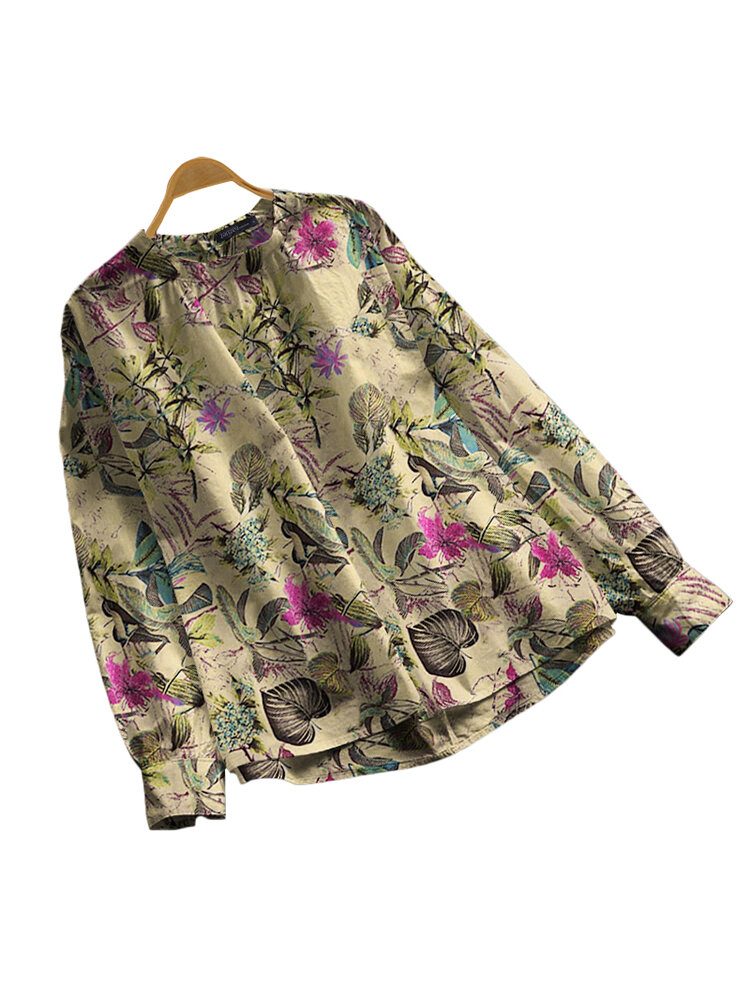 100% Bomull Løs Raglan Med O-hals Fullermet Bluse Med Blomstertrykk