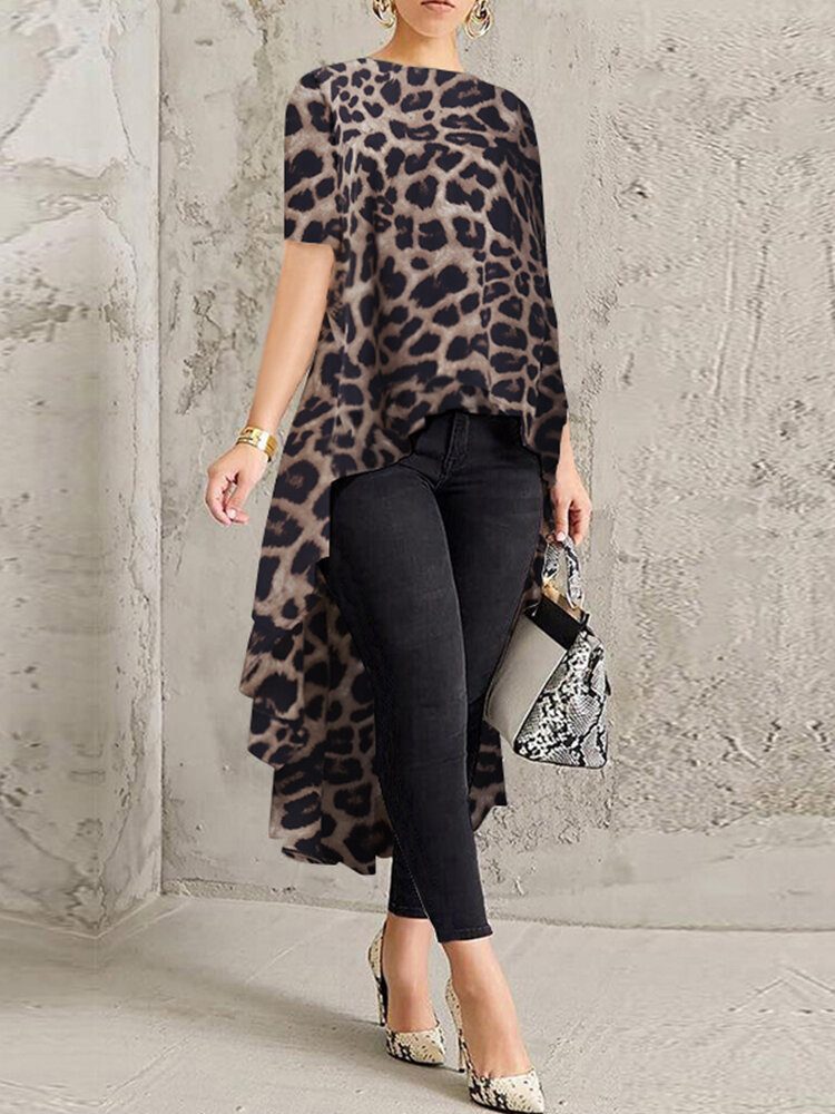 100% Polyester Leopard Print Høy Lav Bluse For Dame