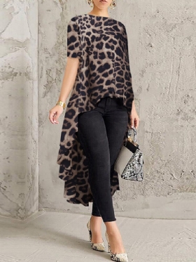 100% Polyester Leopard Print Høy Lav Bluse For Dame