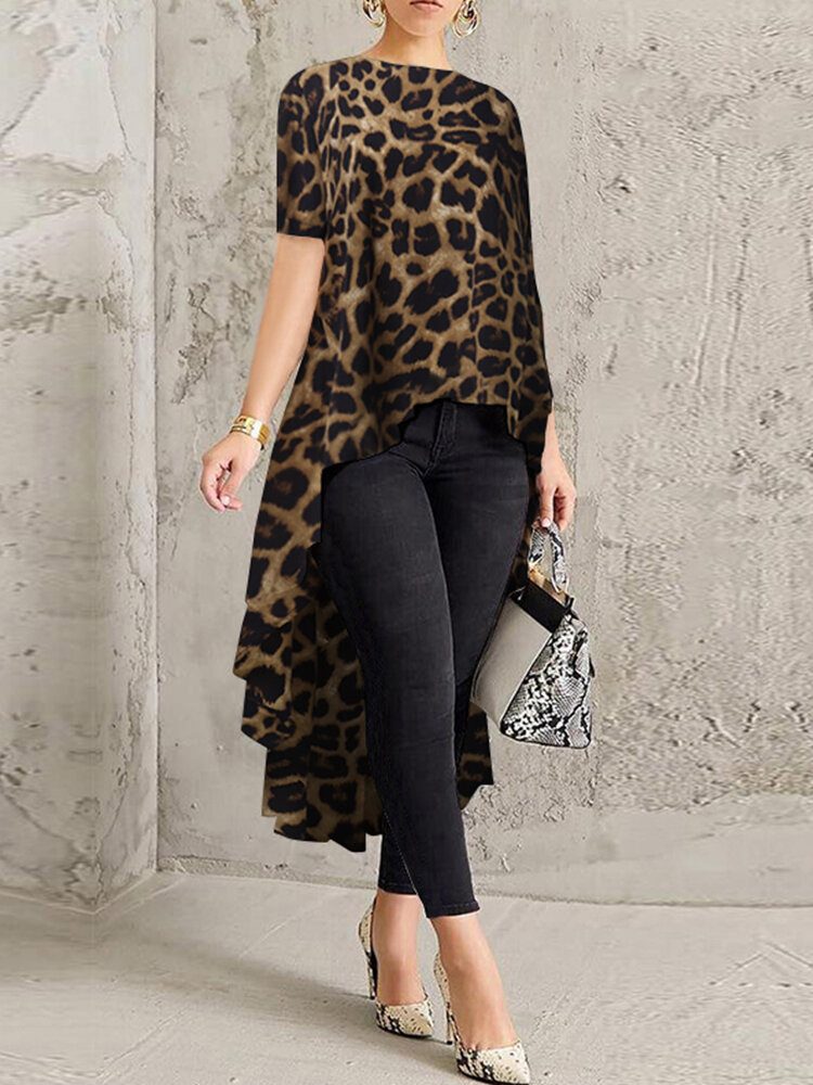 100% Polyester Leopard Print Høy Lav Bluse For Dame