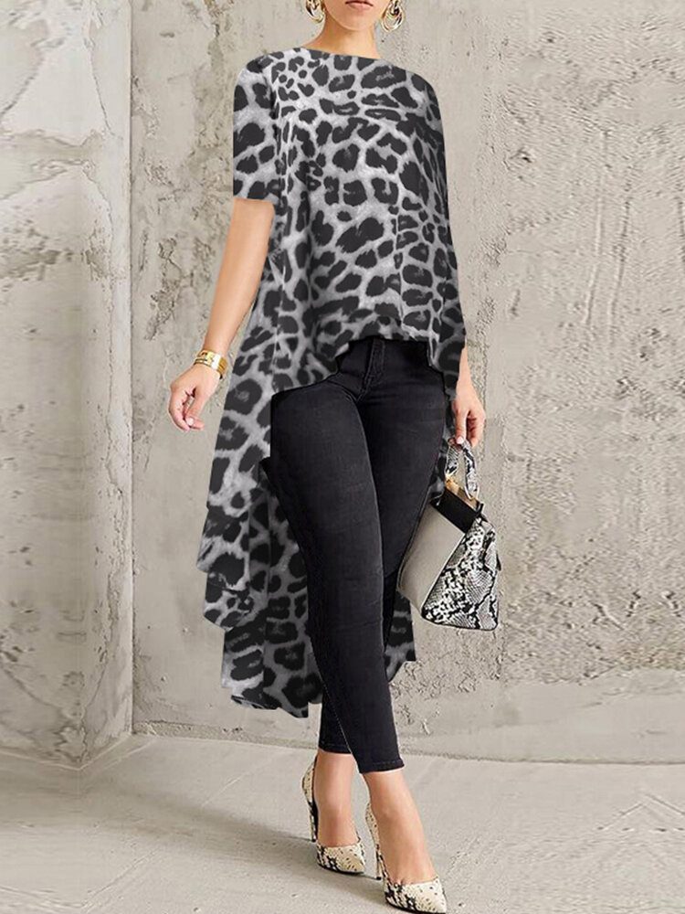 100% Polyester Leopard Print Høy Lav Bluse For Dame