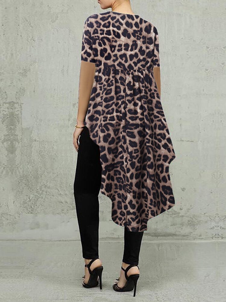 100% Polyester Leopard Print Høy Lav Bluse For Dame