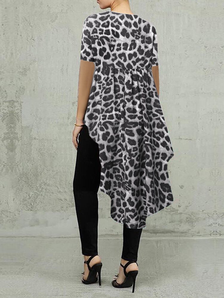 100% Polyester Leopard Print Høy Lav Bluse For Dame