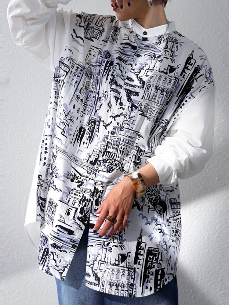 Abstrakt Mønster Langermet Stand Krage Button Loose Bluse