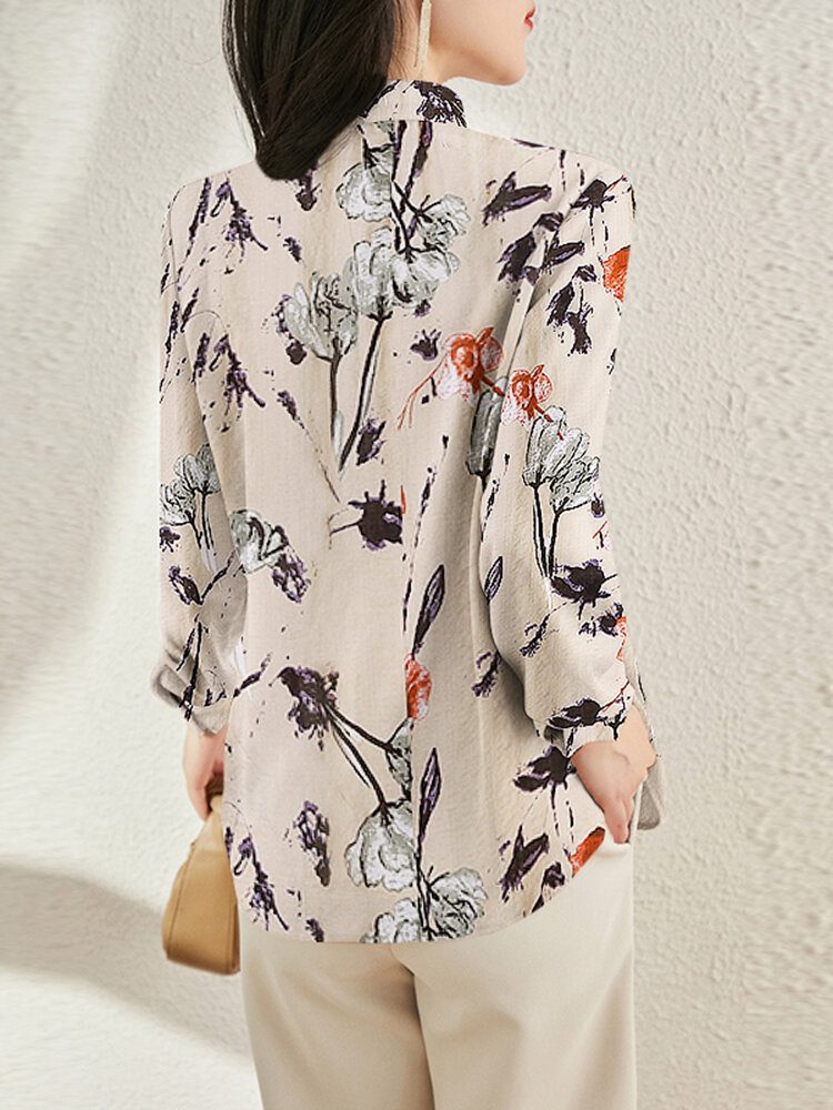 Blomstertrykk Langermet V-hals Ruffled Bluse For Dame