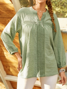 Bohemian Lace Patch Ensfarget V-hals Langermet Bluse For Kvinner