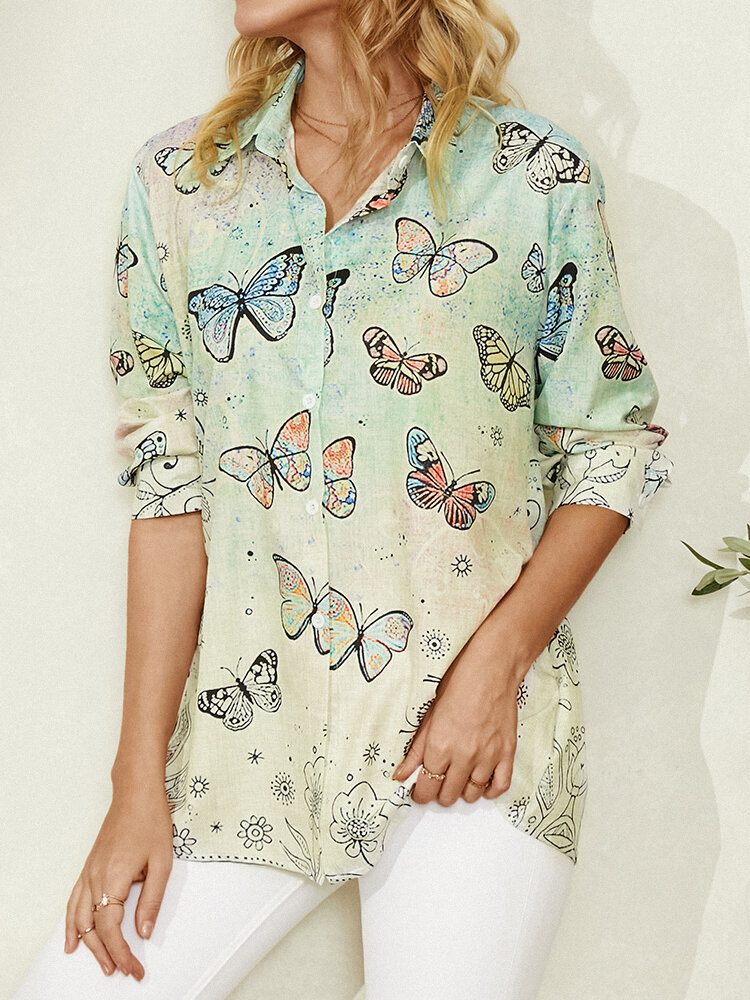 Butterfly Print Lapel Collar Langermet Casual Skjorte For Kvinner