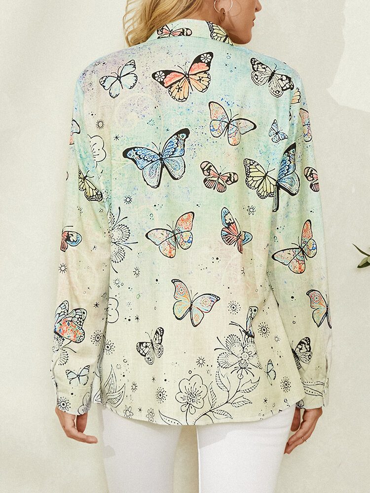 Butterfly Print Lapel Collar Langermet Casual Skjorte For Kvinner