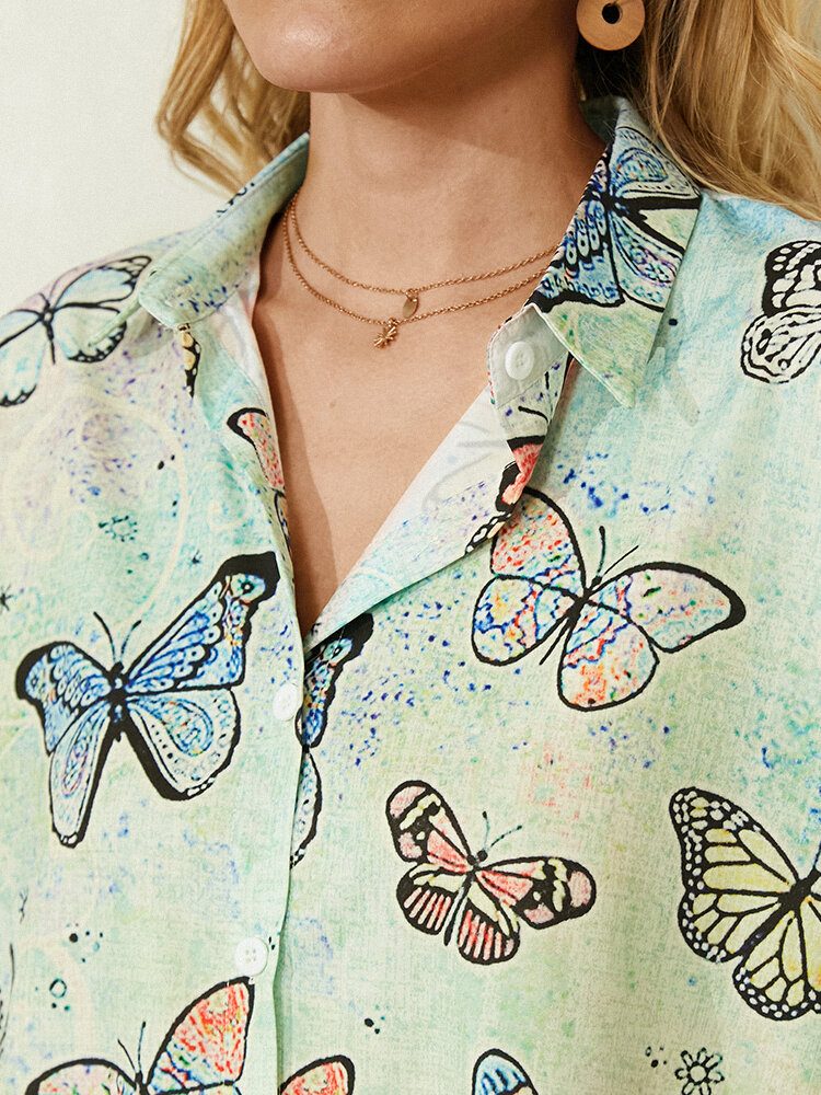 Butterfly Print Lapel Collar Langermet Casual Skjorte For Kvinner