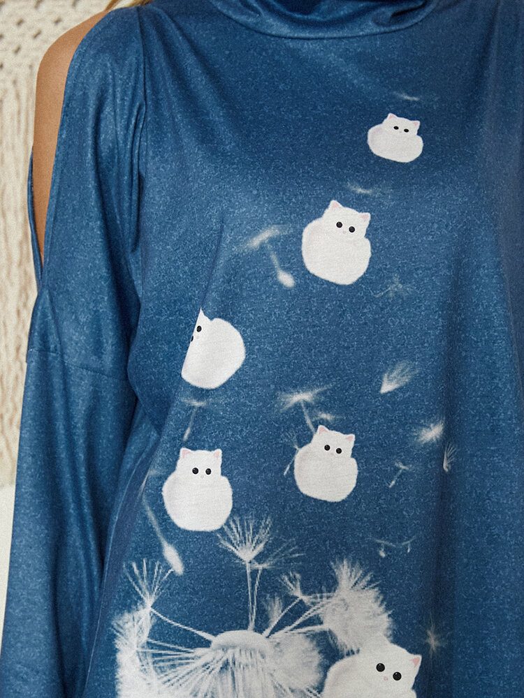 Cartoon Cat Flower Print Cold Shoulder Long Sleeve Bluse For Women