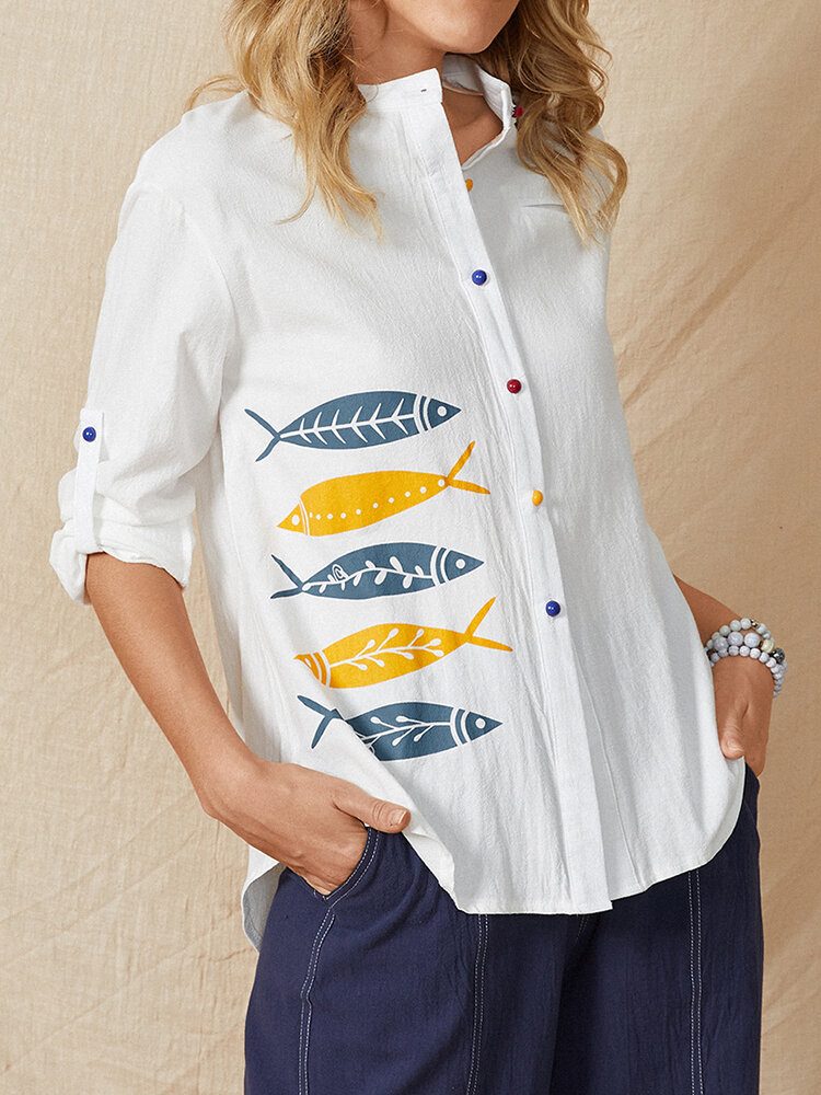 Cartoon Fish Print Button Stand Krage Langermet Casual Bluse For Dame