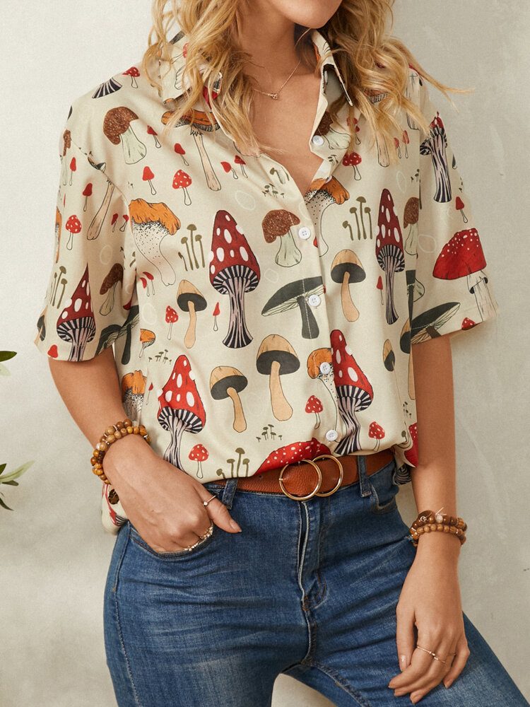 Casual Mushroom Print Lapel Collar Halvermet Bluse For Kvinner