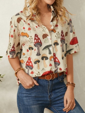 Casual Mushroom Print Lapel Collar Halvermet Bluse For Kvinner