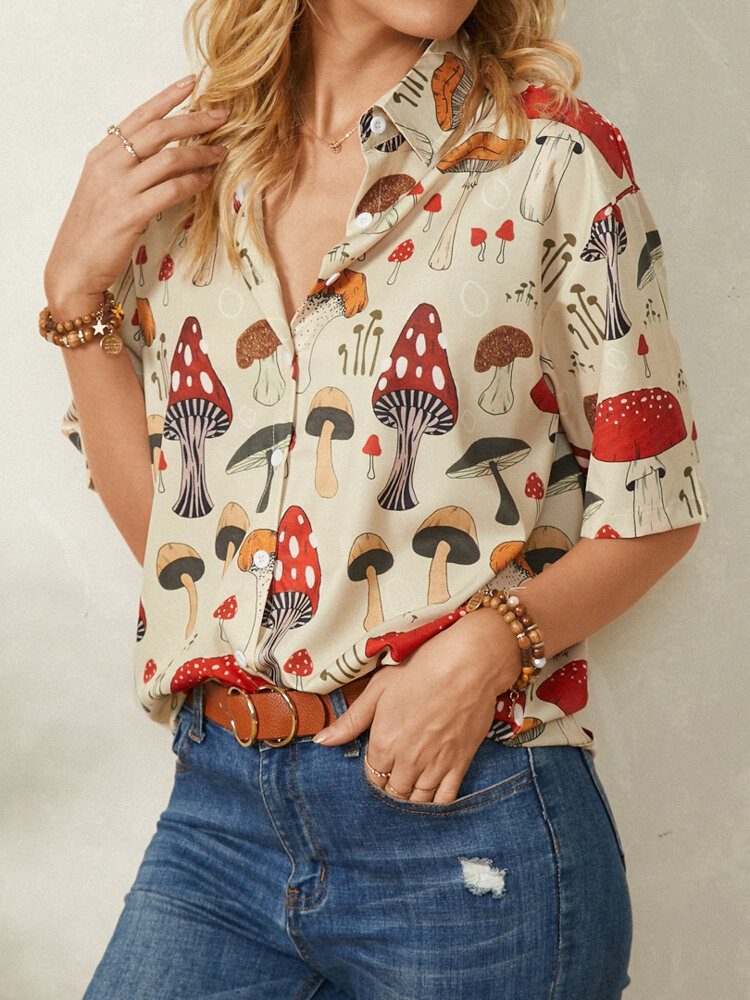 Casual Mushroom Print Lapel Collar Halvermet Bluse For Kvinner