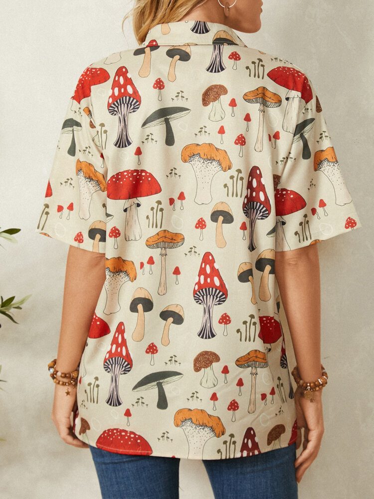 Casual Mushroom Print Lapel Collar Halvermet Bluse For Kvinner