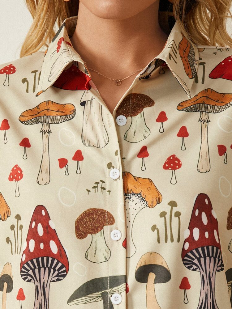 Casual Mushroom Print Lapel Collar Halvermet Bluse For Kvinner