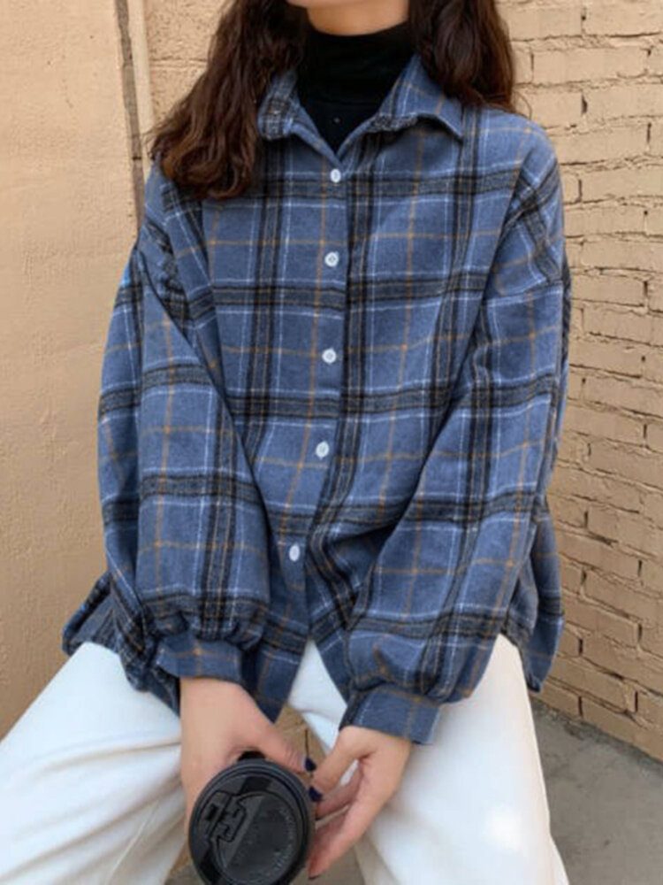 Corduroy Plaid Vintage Bat Sleeve Button Down Front Løs Skjorte For Kvinner