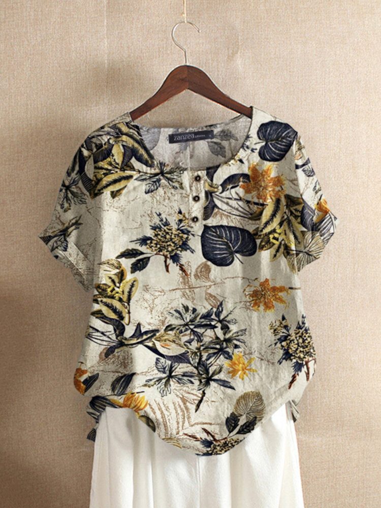 Dame 100% Bomull O-hals Løs Blomstret Casual Bluse