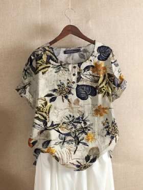 Dame 100% Bomull O-hals Løs Blomstret Casual Bluse