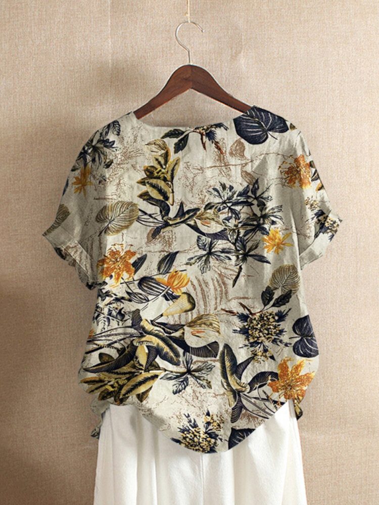 Dame 100% Bomull O-hals Løs Blomstret Casual Bluse