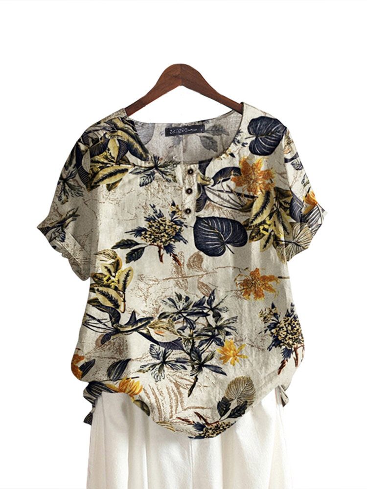 Dame 100% Bomull O-hals Løs Blomstret Casual Bluse