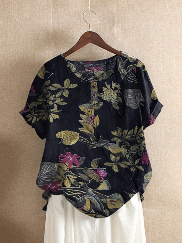 Dame 100% Bomull O-hals Løs Blomstret Casual Bluse