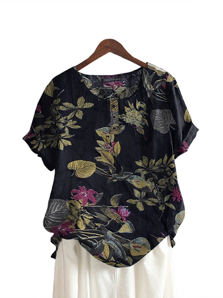 Dame 100% Bomull O-hals Løs Blomstret Casual Bluse