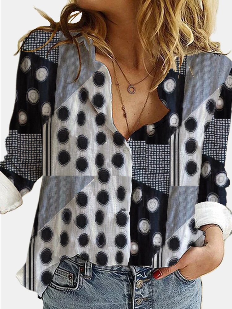 Dame Blandet Polka Dot Printed Patchwork Langermet Lapel Casual Stilig Bluse