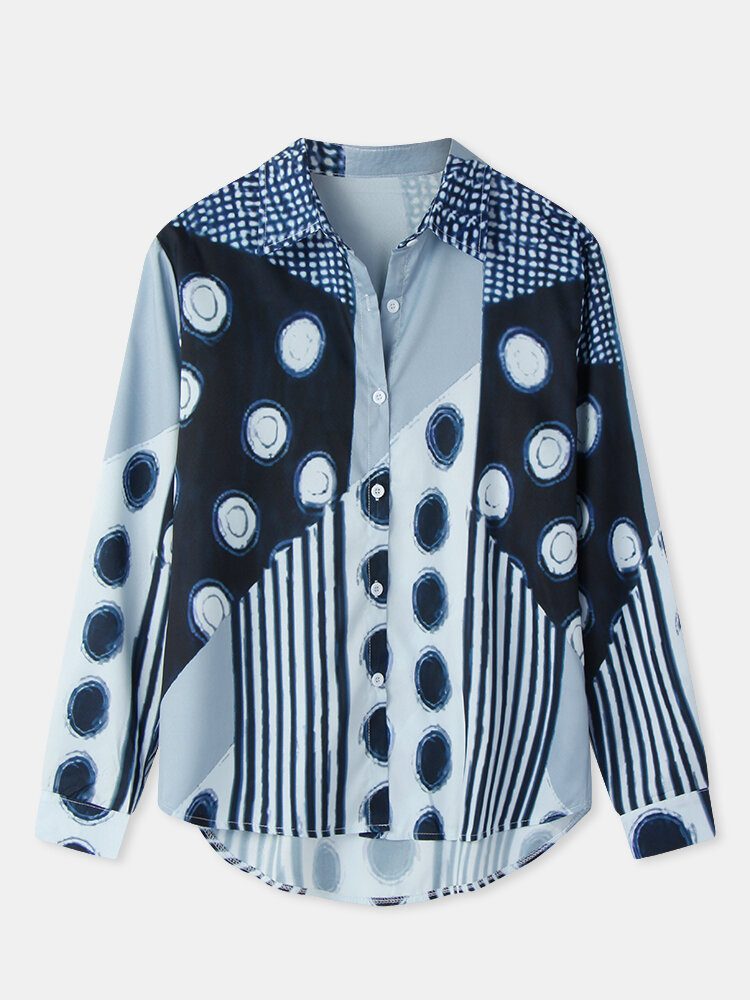 Dame Blandet Polka Dot Printed Patchwork Langermet Lapel Casual Stilig Bluse