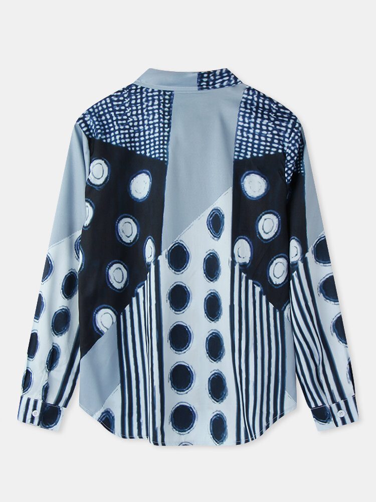 Dame Blandet Polka Dot Printed Patchwork Langermet Lapel Casual Stilig Bluse