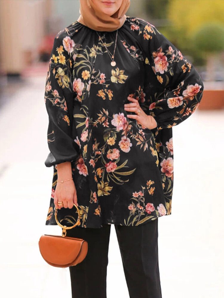 Dame Blomster Print O-hals Raglan Sleeve Casual Muslim Bluse Abaya Kaftan