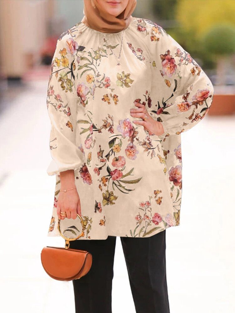 Dame Blomster Print O-hals Raglan Sleeve Casual Muslim Bluse Abaya Kaftan