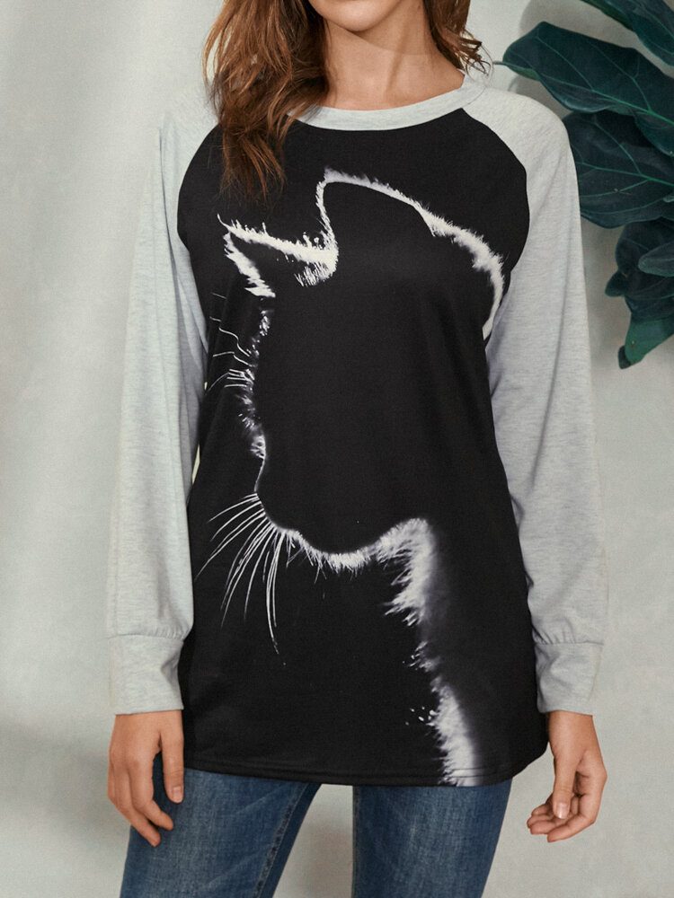 Dame Cat Print Rund Hals Casual Raglan Sleeve Bluser