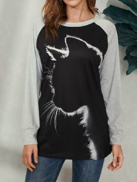 Dame Cat Print Rund Hals Casual Raglan Sleeve Bluser