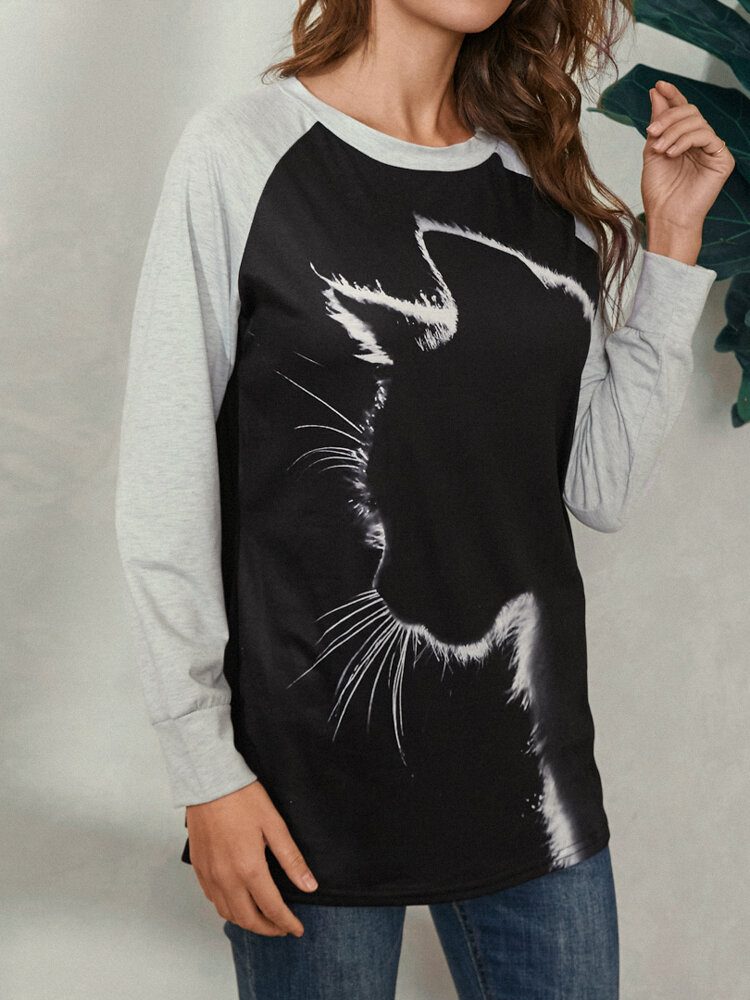 Dame Cat Print Rund Hals Casual Raglan Sleeve Bluser