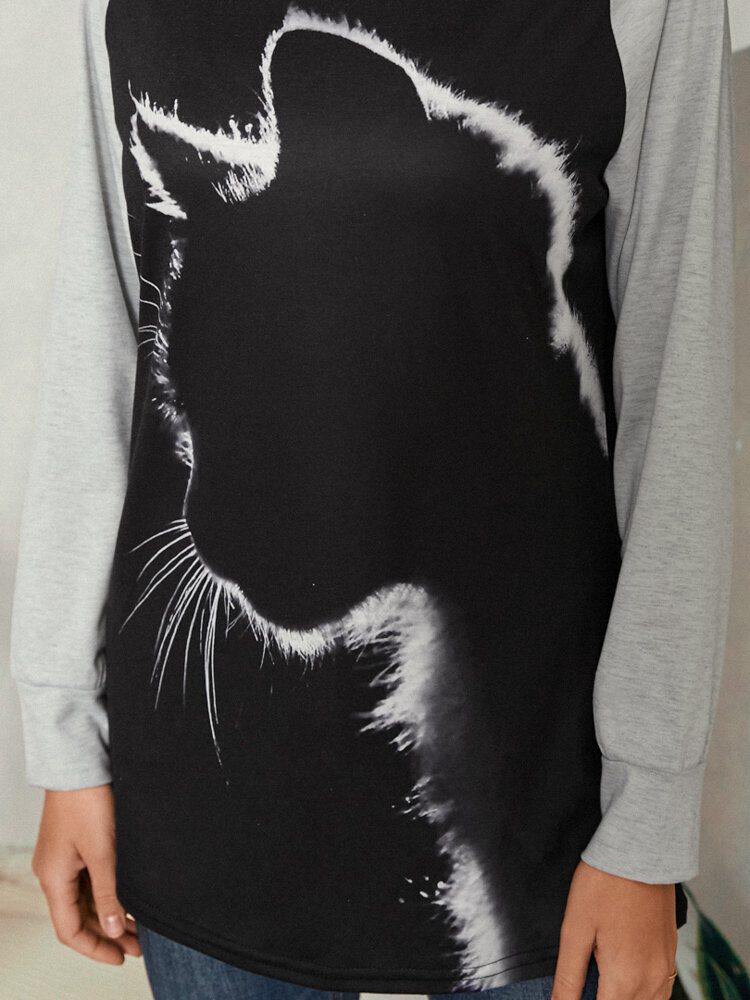 Dame Cat Print Rund Hals Casual Raglan Sleeve Bluser