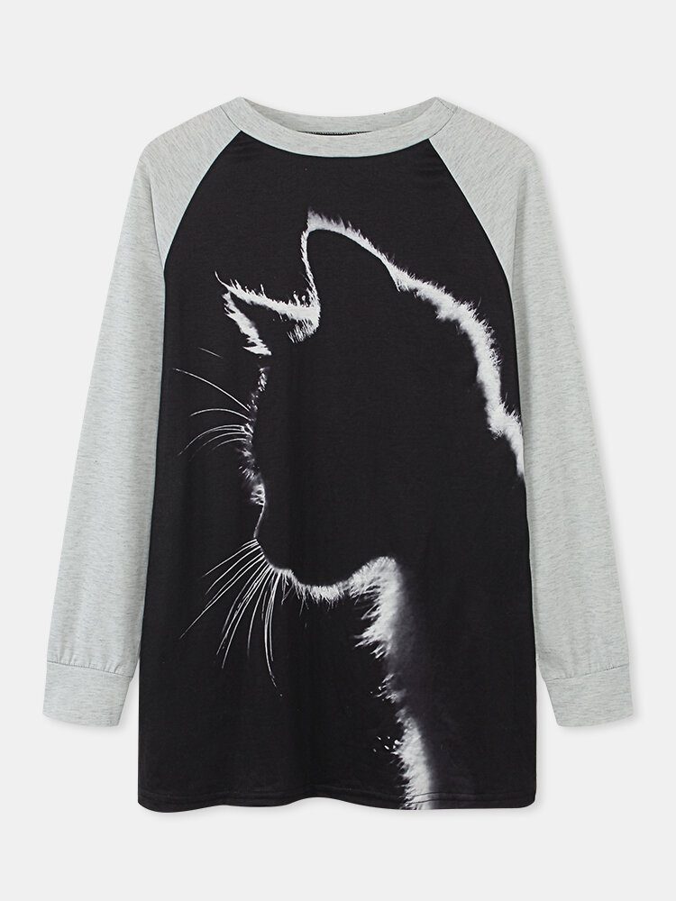 Dame Cat Print Rund Hals Casual Raglan Sleeve Bluser