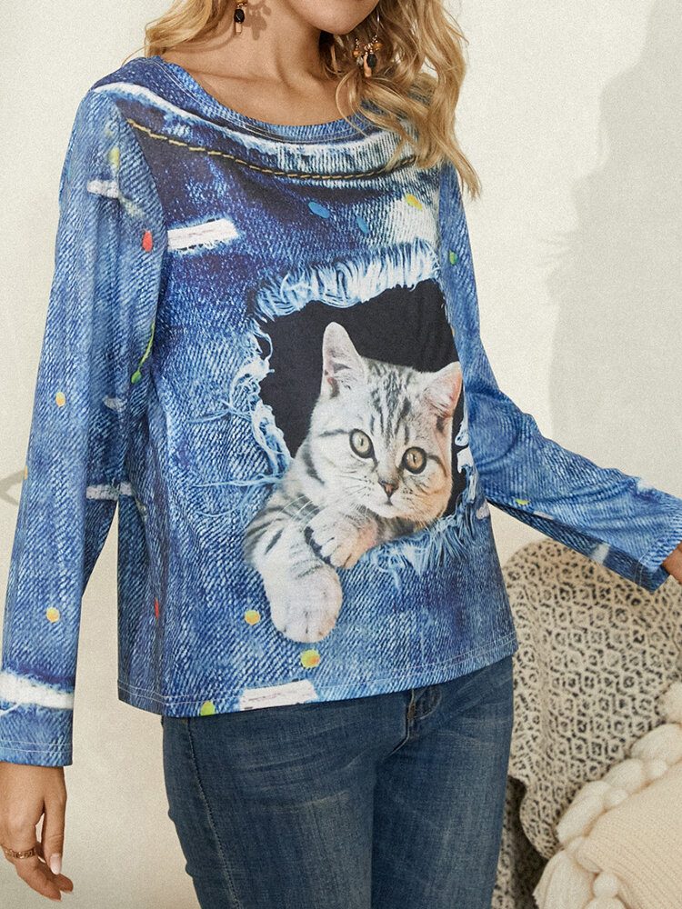 Dame Cat Print Rundhals Casual Langermet Bluser