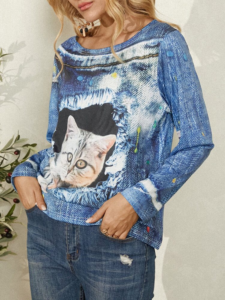 Dame Cat Print Rundhals Casual Langermet Bluser