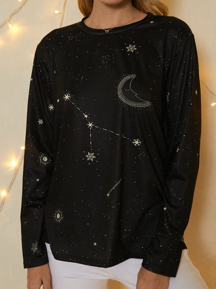 Dame Celestial Galaxy Print Rundhals Uformelle Langermede Bluser