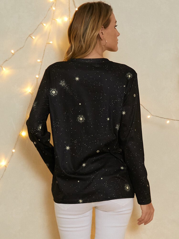 Dame Celestial Galaxy Print Rundhals Uformelle Langermede Bluser