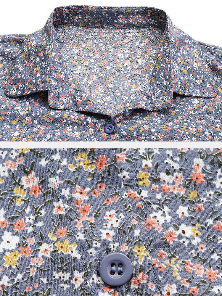 Dame Ditsy Floral Print Lapel Lanterne Sleeve Retro Bluser