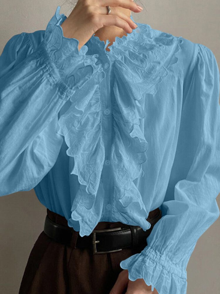 Dame Ensfarget Ruffle Stitch Button Up Elegante Bluser Med Puffermer