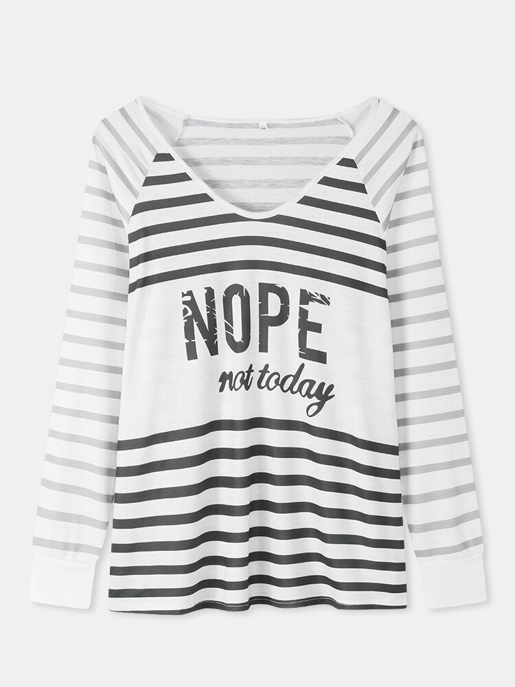 Dame Letter Striped Print V-hals Raglan Ermer Enkel Bluse