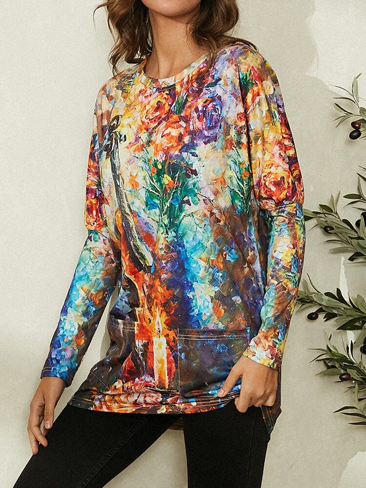 Dame Oljemaleri Print Dobbel Pocket Langermet Bluse