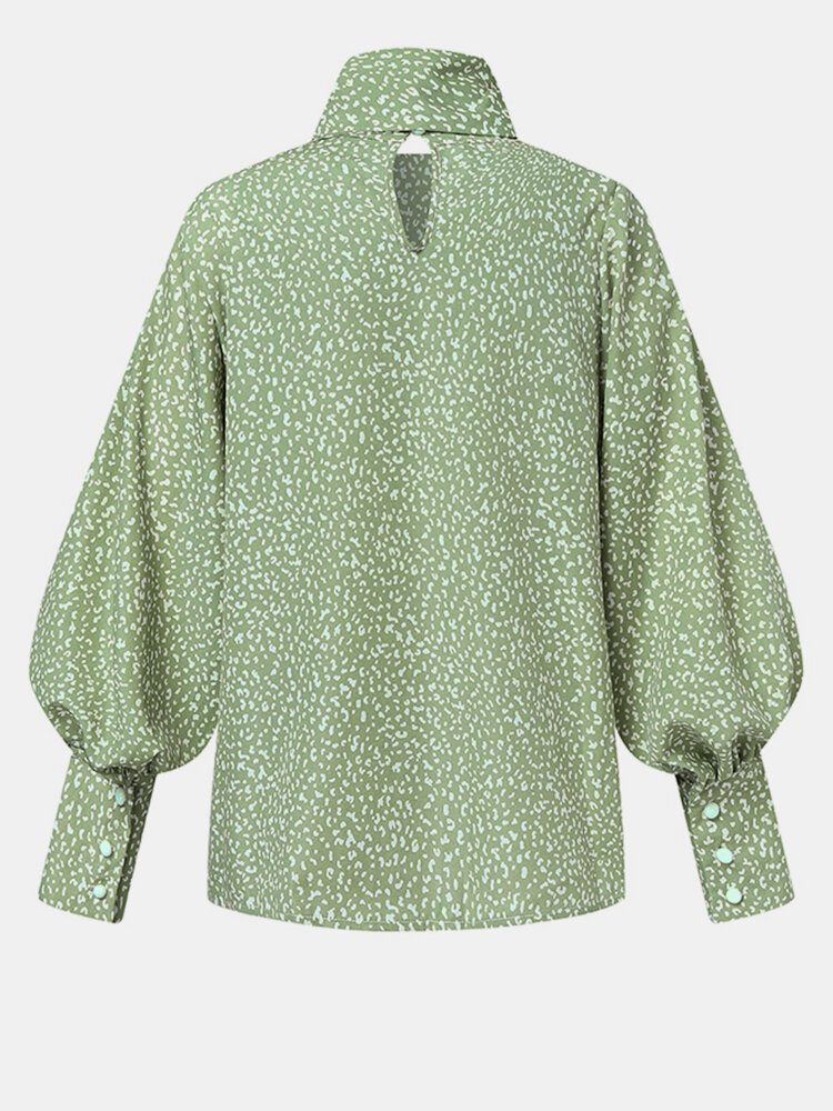 Dame Print Lantern Sleeve Sløyfe Krage Høy Krage Casual Bluse