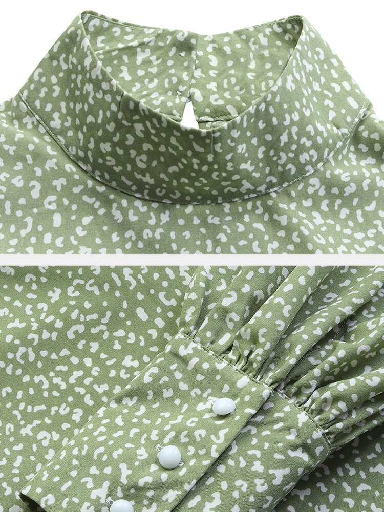 Dame Print Lantern Sleeve Sløyfe Krage Høy Krage Casual Bluse